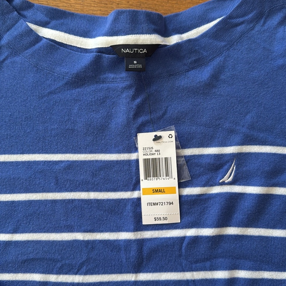 🐟 Nautica blue/white striped boatneck sweater. Size S. NWT. - Picture 3 of 7